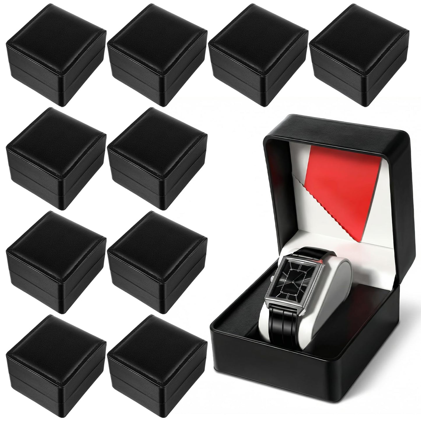 zisiueel 10 Pack Single Watch Gift Box for Men Women, PU Leather Watches Storage Case with Removable Pillow, Portable Display Organizer for Smart Watches & Jewelry, Premium Gift Box for Watch, Black
