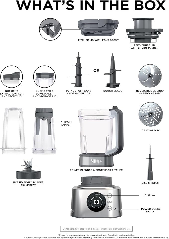 Ninja Blender & Food Processor Combo, Foodi Power Blender System for Smoothies, Bowls, Spreads & Shakes, 6 Functions, 72-oz Pitcher, To-Go Cups, Silver, SS401