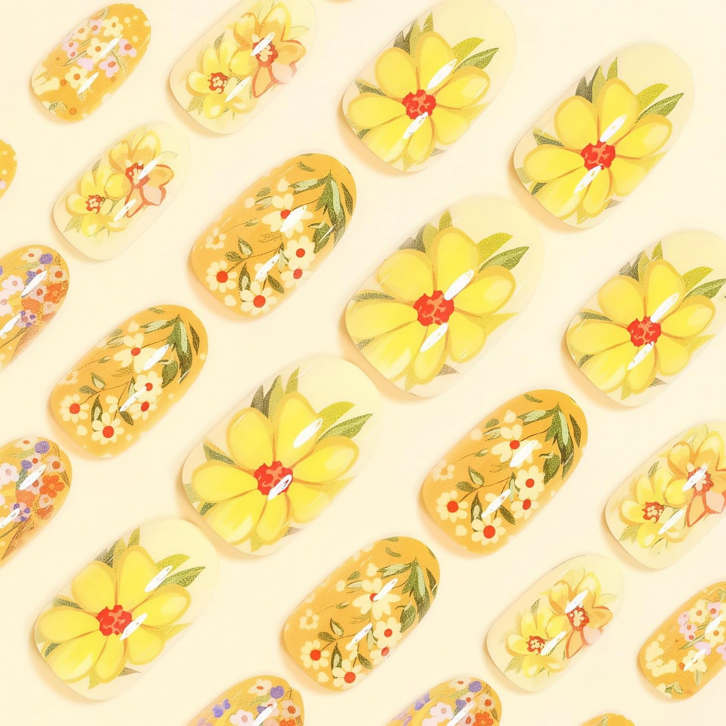 Summer Press on Nail Yellow Fake Nails with Floral designs Daisy False Nails Full Cover Medium Length Round Press ones Glossy Cute Glue on Nails for Women Manicure Decor24pcs