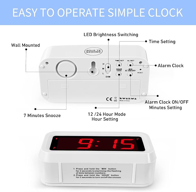 Alarm Clock, Digital Clock, Auto Night-Mode, 3-Level Led Brightness, Battery Powered, 12/24Hr, 1.2'' Red Digits Display, Simple Alarm Clock for Kids Adults Girls Boys, Easy to Set, Easy to Read