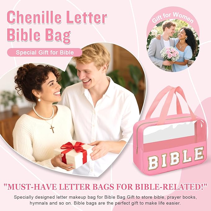 Chenille Letter Bible Bag Cover Case for Women,Preppy Bible Study Supplies Church Bag Purse Bible Accessories with Handle Zipper,Waterpoof Travel Makeup Bag Christmas Christian Gifts(BIBLE-Pink)