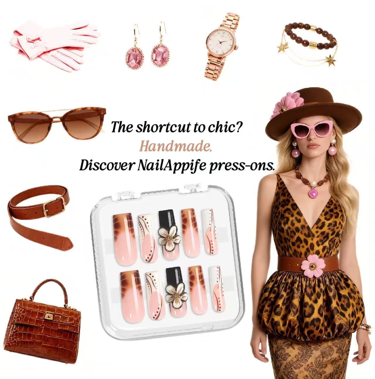 Handmade Acrylic Square Press-On Nails 10pcs, Brown & White Glossy Tips with 3D Floral Art, Tortoise Shell Gradient French Design, Reusable Full Cover Nail Set – Appife