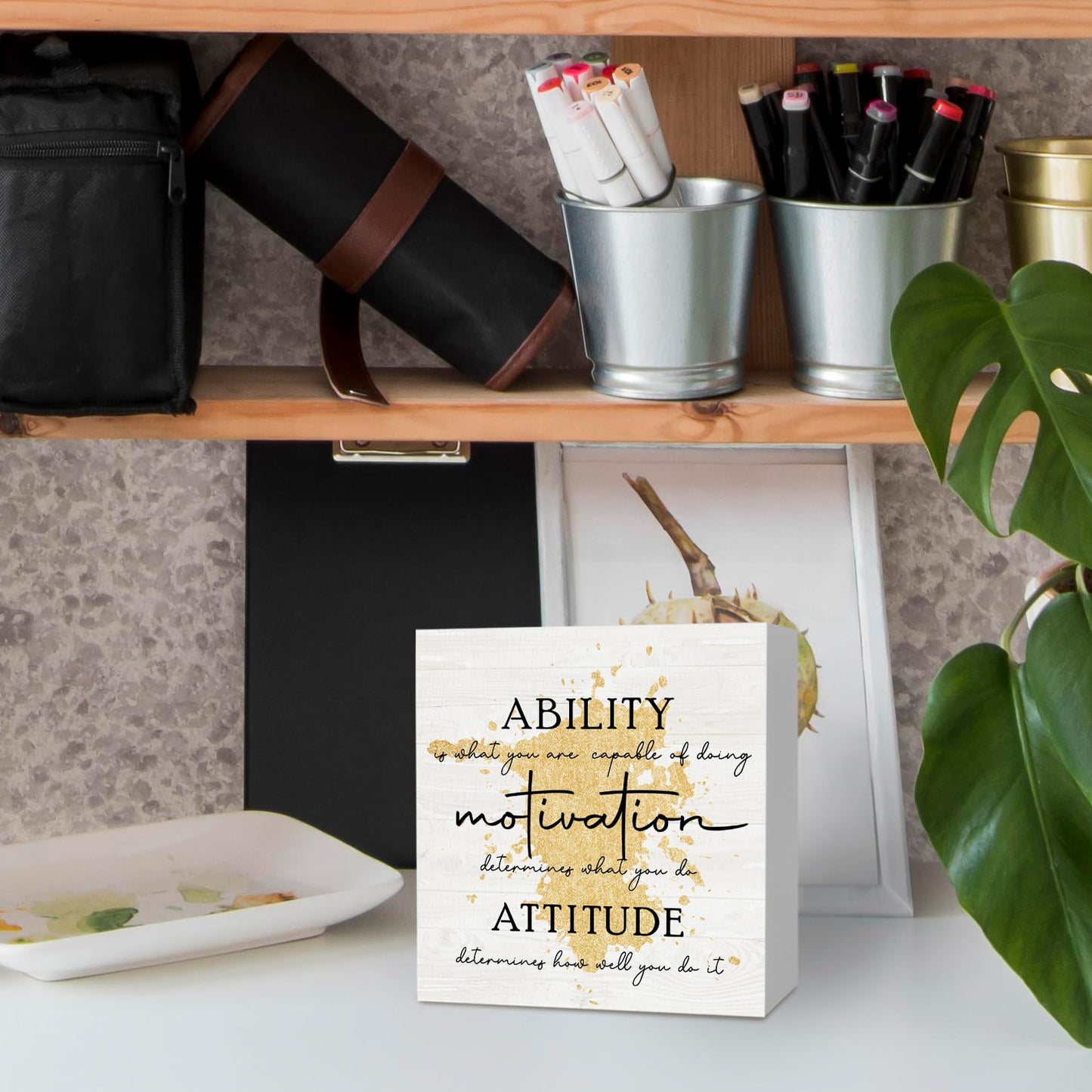 KFXHANGD Gold Office Inspirational Quotes Wooden Box Sign Desk Decor, Ability Motivation Attitude Decorative Signs, Motivational Home Shelf Desk Decor 5x5 Inch