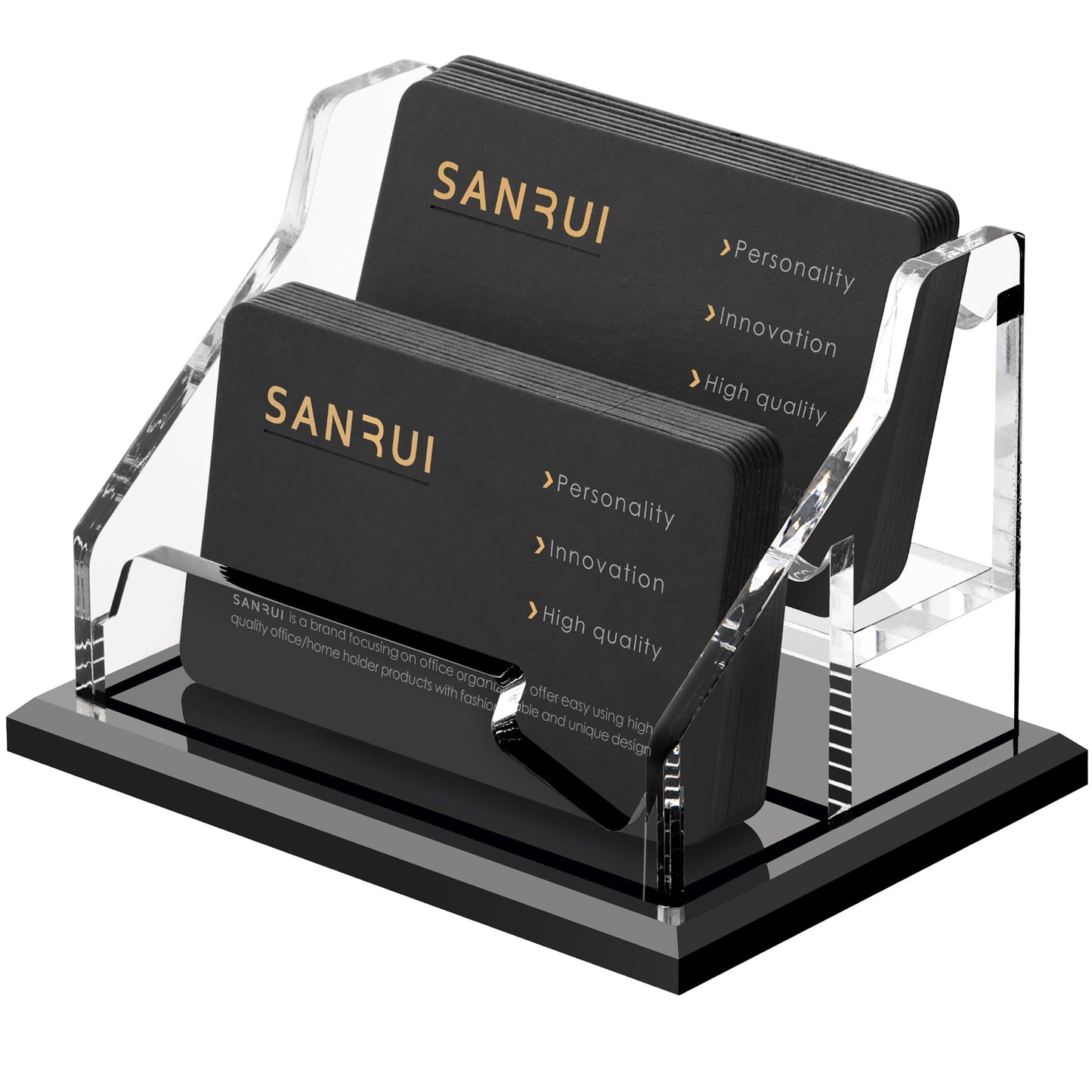 SANRUI Acrylic Business Card Holder, Black Business Cards Display Stand for Desk, Clear Horizontal 2 Slot Desktop Organizer , 120 Card Capacity