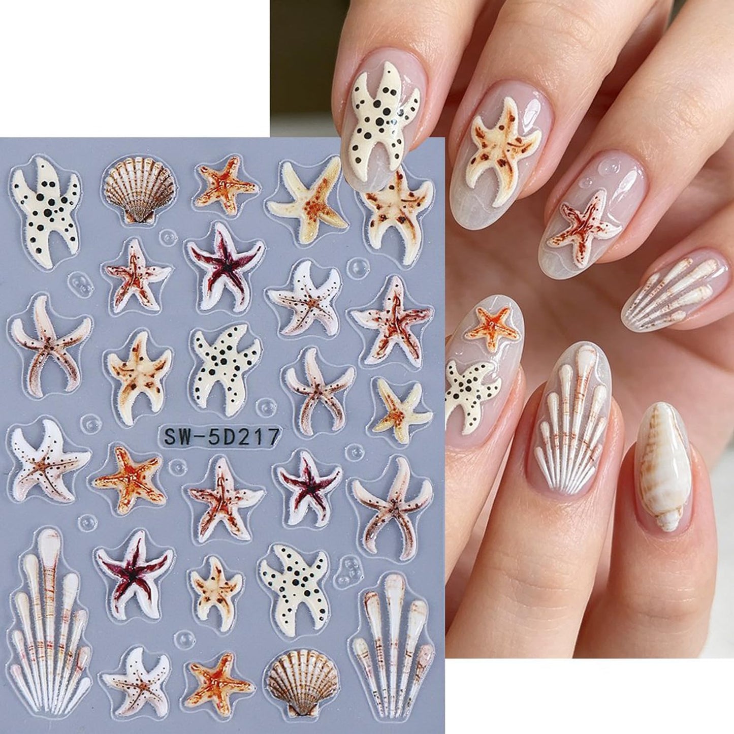 5D Flower Nail Stickers for Nail Art - Self-Adhesive 3D Embossed Floral Nail Decals with Starfish Shell & Bow Designs, Cute Summer Ocean Nail Stickers for Women DIY Manicure 4 Sheets