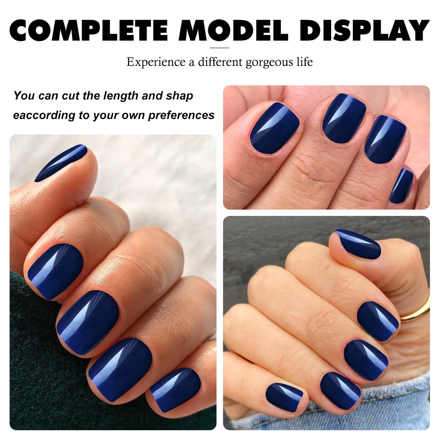 LuckForever Short Press on Nails 240pc Glossy Blue Press on Nails Short Square Fake Nails Full Cover False Fingernail French Tips Presson Nail 10 Sheets Glue Nail Adhesive Tabs File Tools for Women