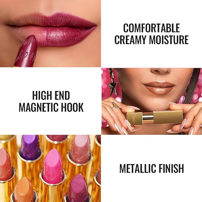 Oulac Metallic Fuchsia & Pink Lipstick Set - 2PCS Vegan Lightweight Hydrating Formula with High Impact Lip Color for Full Coverage Lip Makeup, Christmas Gifts for Women, 15+17