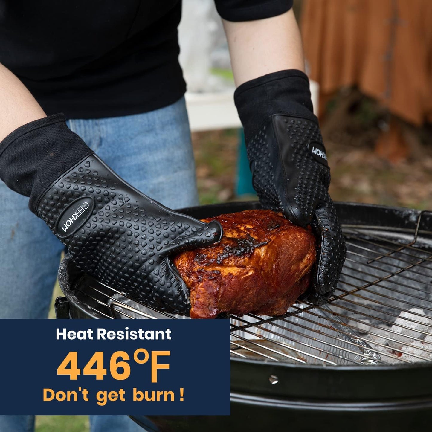 GEEKHOM BBQ Gloves Heat Resistant, 13.7 Inch Long Waterproof Silicone Oven Mitts for Grilling and Smoker, Non-Slip 5 Finger Kitchen Hot Mitts for Baking, Cooking & Cast Iron, Black