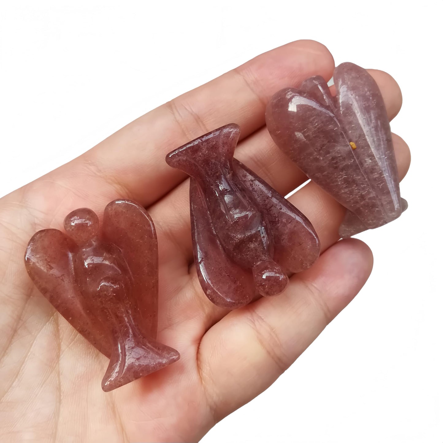 Afucats Natural Strawberry Quartz Healing Guardian Angel Indoor Decorative Stone,1.5 Inches Carving Pocket Palm Statue,Gift for Her Christmas Décor
