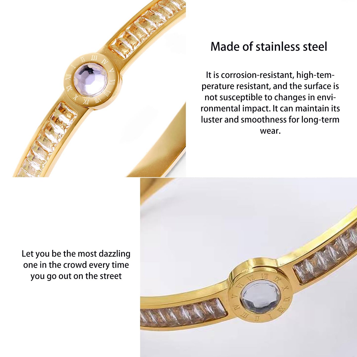 Vbvbip 18K Gold Plated 316L Stainless Steel Bracelets Bangle Collection - 12 Unique Designs + Matching Diamond-Accent Titanium Steel Chain, Gift for Women