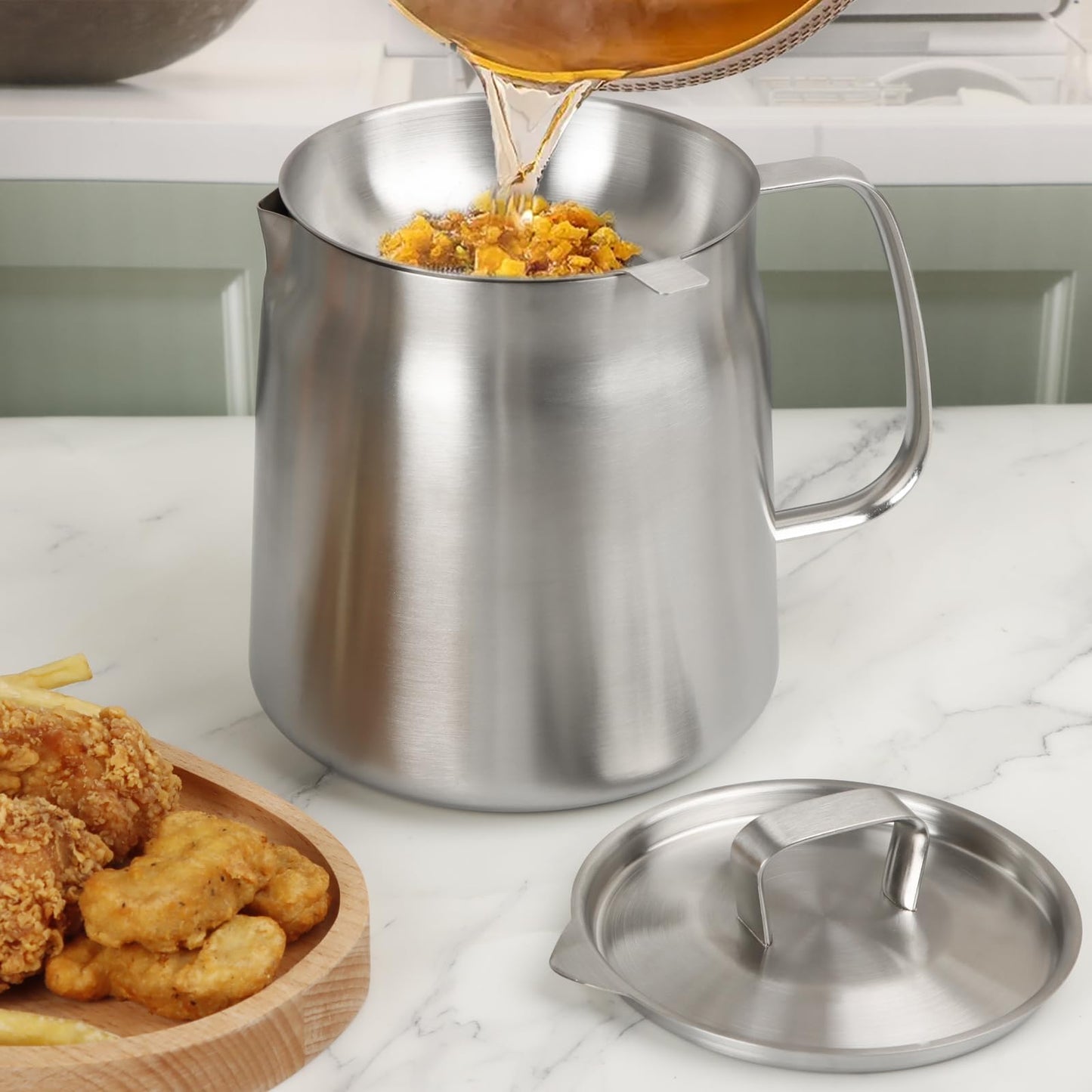 50oz 304 Stainless Steel Oil Filter Pot, Heavy Duty Bacon Grease Container & Deep Fryer Basket, Large Capacity Multi-function Oil Filter Vessel with Strainer for Kitchen Storing Frying Cooking Grease