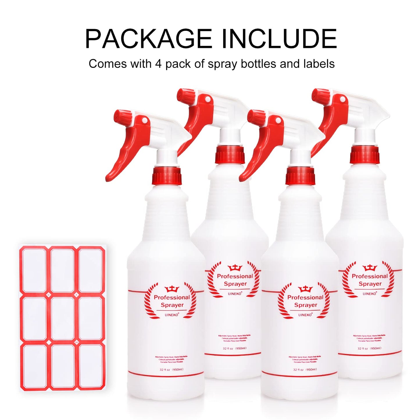 Uineko Plastic Spray Bottle (4 Pack, 32 Oz, All-Purpose) Heavy Duty Spraying Bottles Leak Proof Mist Empty Water Bottle for Cleaning Solution Planting Pet with Adjustable Nozzle and Measurements