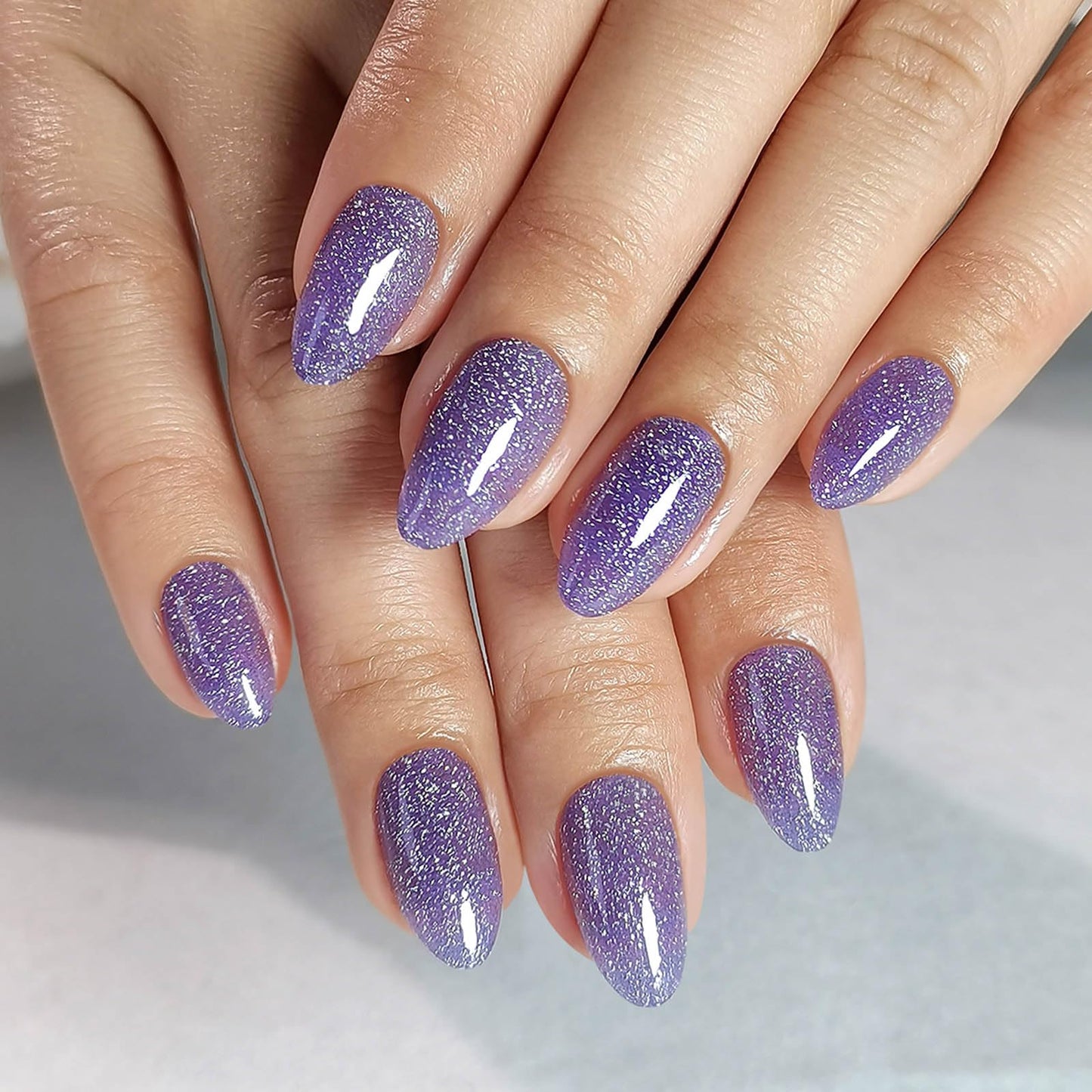 Purple Glitter Press on Nails Almond Short with Sparkling Diamond - SHANGMENG Soft Gel Spring Fake Nails for Women Gift, Glossy Stick on Nails with Glue in 16 Sizes - 32 Reusable Nails, Lavender