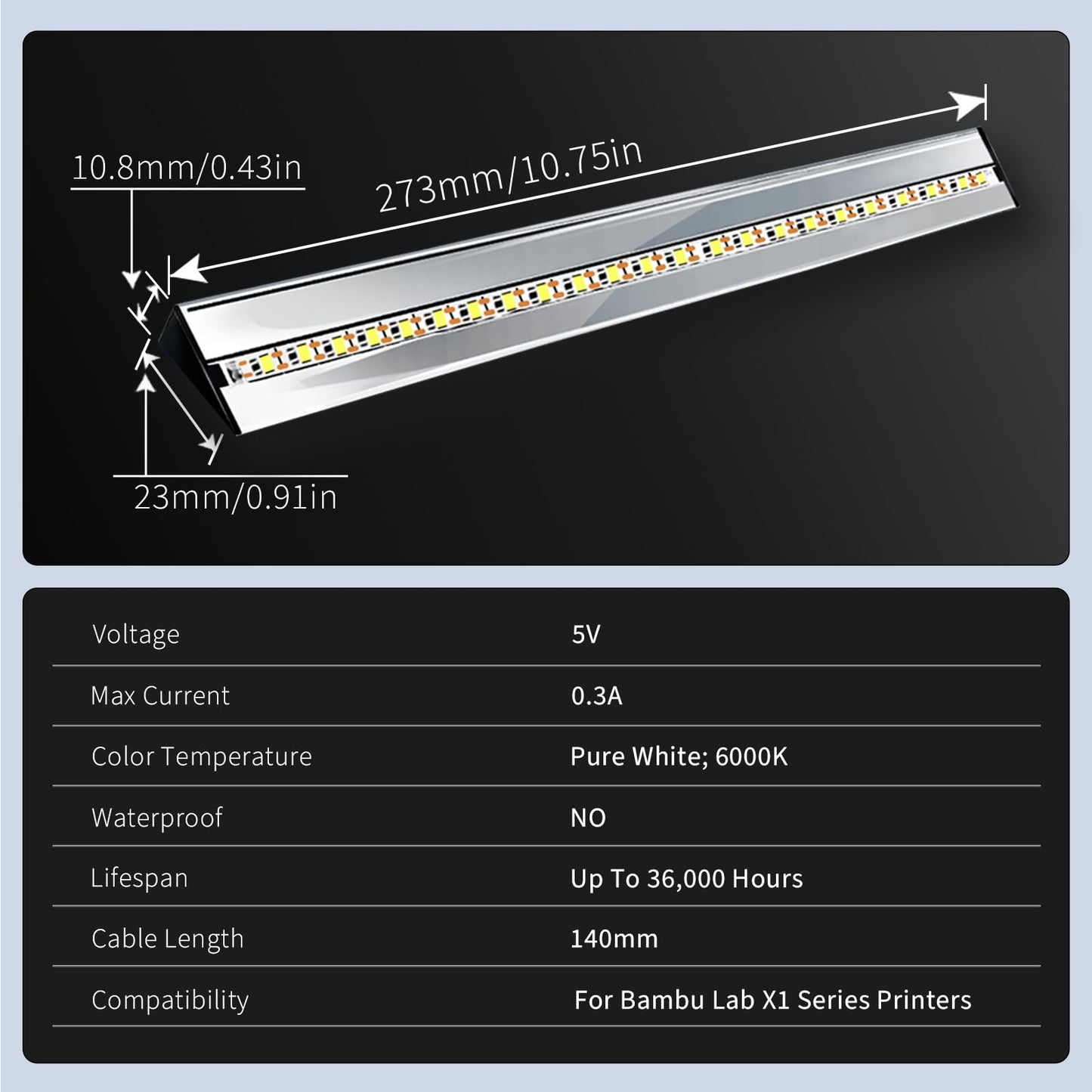 Wefuit Upgrade Led Light Strip Kit for Bambu Lab X1 X1C X1E 3D Printers, High-Brightness Lighting 5V 0.3A LED Light Bar, Magnetic Installation, aluminum alloy shell ensures efficient heat dissipation.