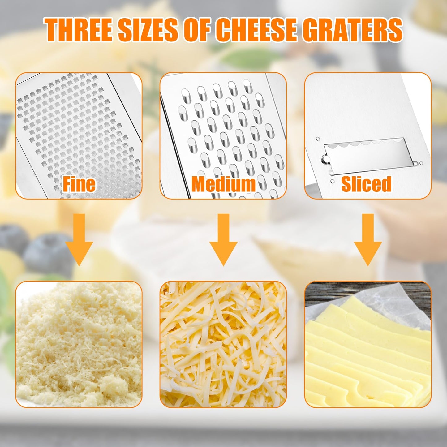 3-in-1 Handheld Cheese Grater Set, Adjustable Stainless Steel Slicer Shredder & Grater with Base, Practical Kitchen Gadgets for Cheese Cucumbers Potatoes Carrots, Dishwasher Safe