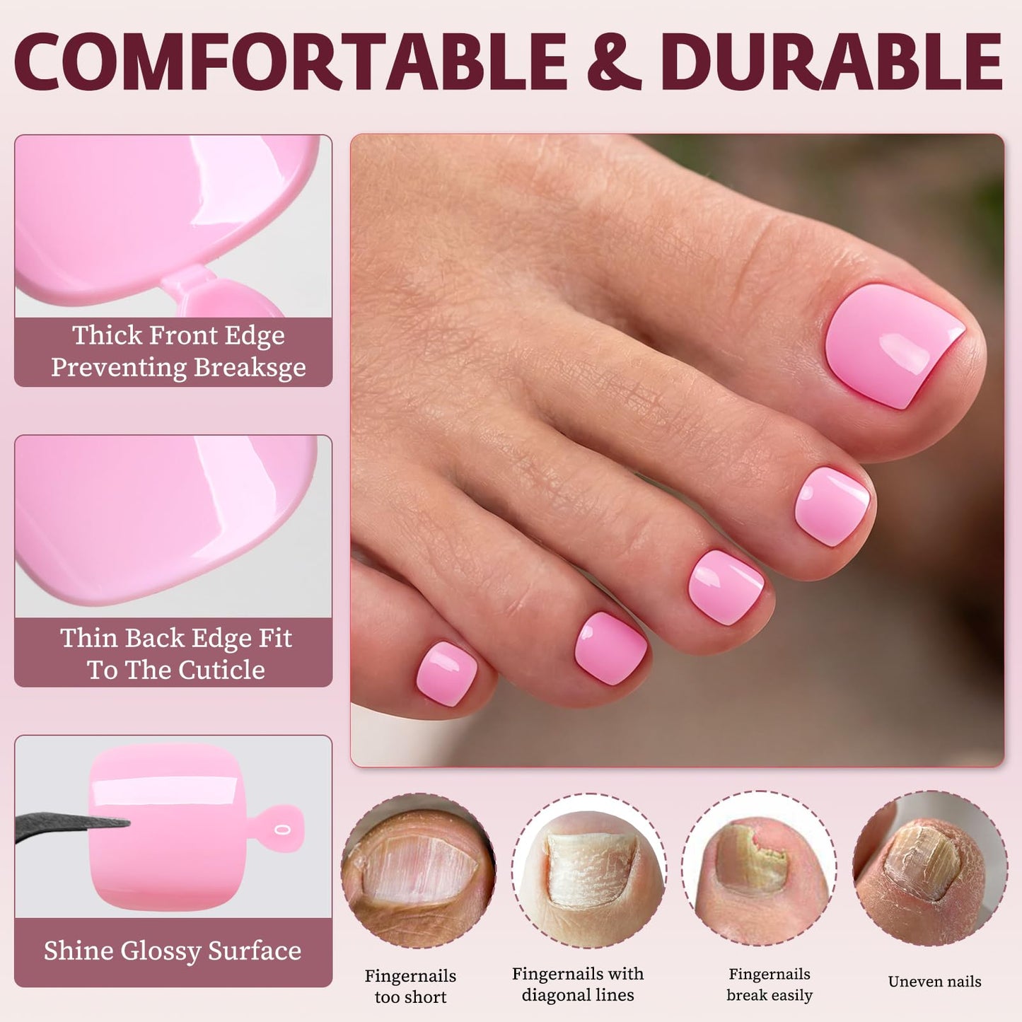 120pcs Pink Press on Toenails for Women,Short Square Fake Toe Nails,12 Sizes False Toenails with Nail Glue and Adhesive Tabs