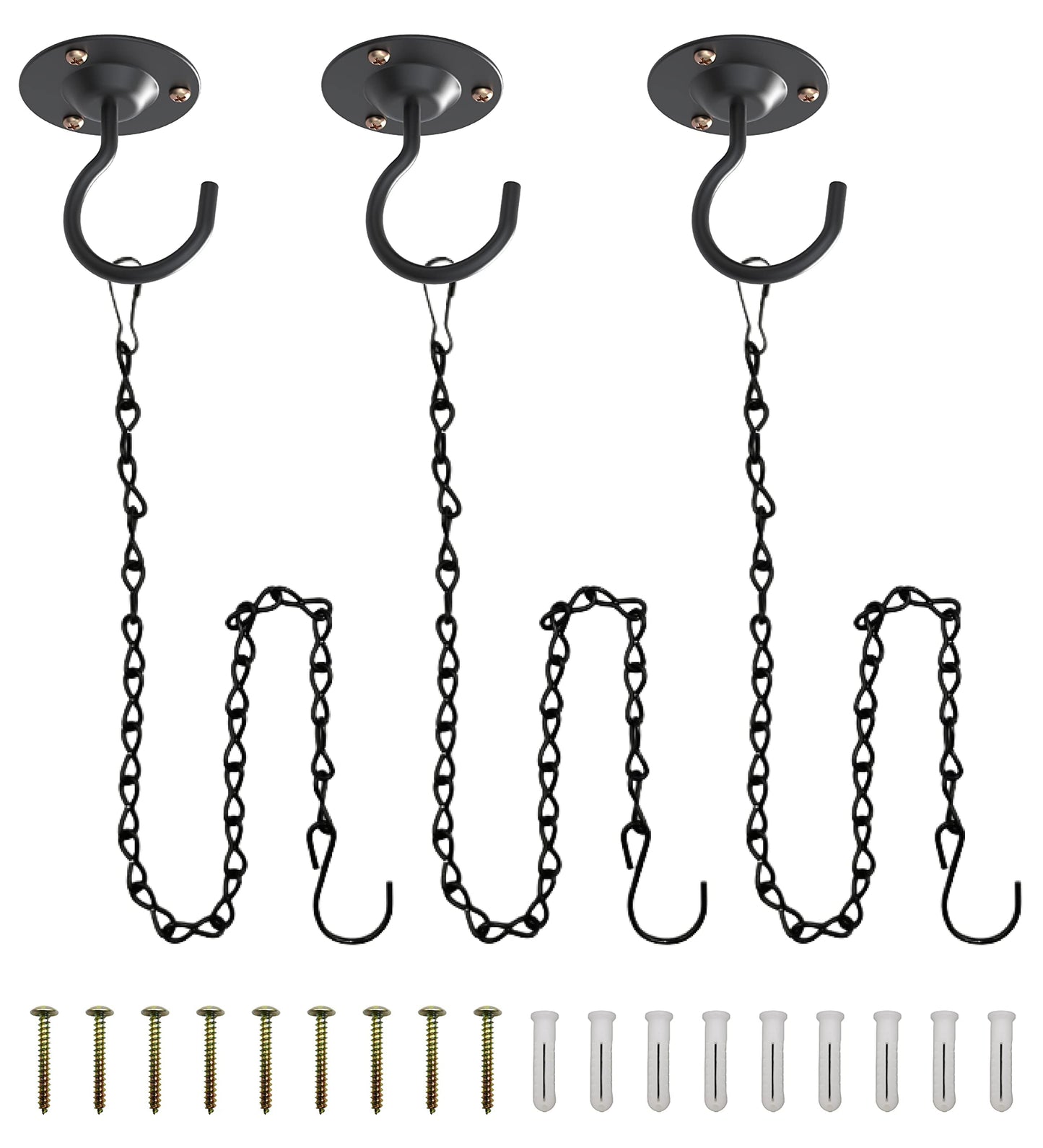 NACETURE Ceiling Hooks for Hanging Plants 3 Pack - Plant Hanger Indoor Hanging Hooks Metal Plant Bracket Iron Lanterns Hangers for Wind Chimes (Black 3 Pack + Chain)