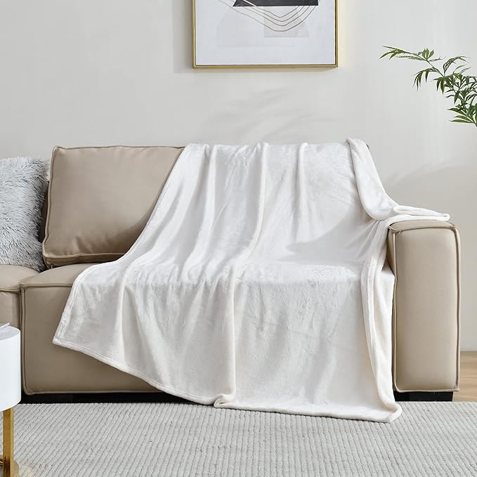 SOCHOW Flannel Fleece Blanket Twin Size, All Season Super Soft Cozy Blanket for Bed or Couch, Cream White, 60x80 inches