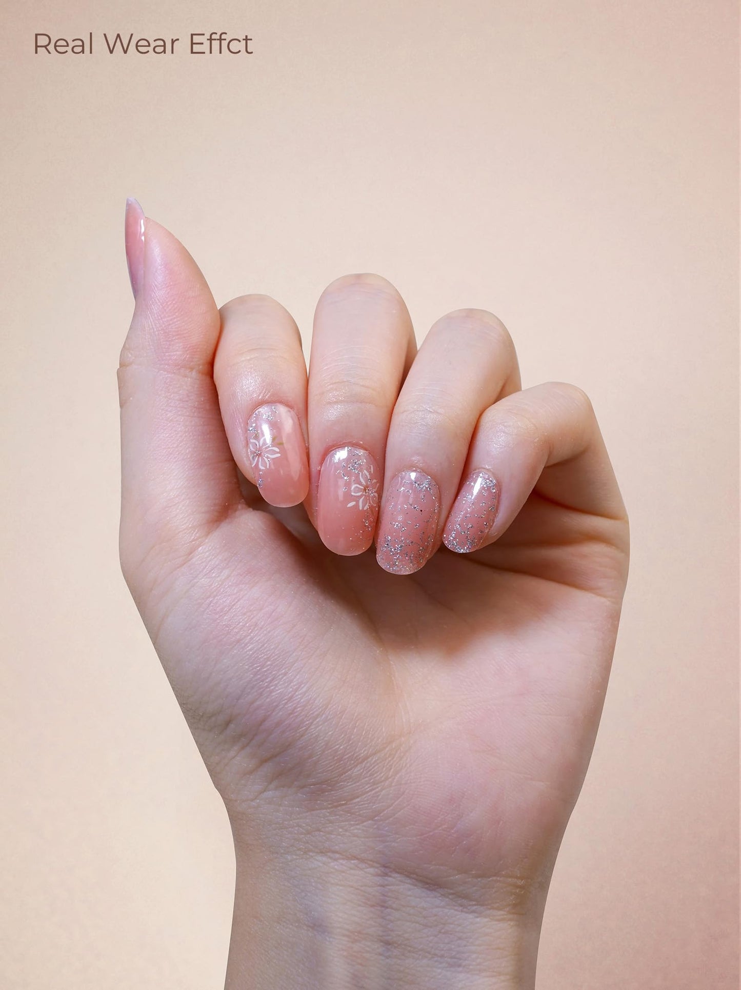 Beaolata Real Gel Nail Strips (No UV Light Needed) - 44Pcs Salon Quality Nail Stickers - Long Lasting Polish Wraps for Women, Easy Apply & Remove (Sparkle Pink