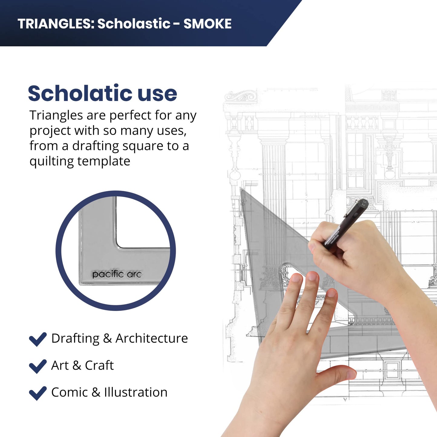 Pacific Arc's Scholastic Triangle - 6 inch - Smoke - 40/90 Angle - Polystyrene - Inking Edge - Technical Drawing Tools, Drafting, Architect and Engineering.