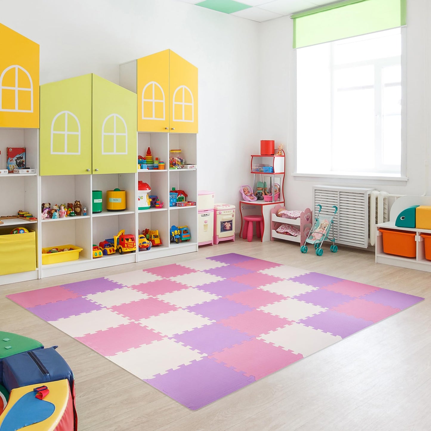 BalanceFrom 16-Pack 12x12 Inches EVA Interlocking Foam Play Tile Mat, Pink/Purple/Beige – 0.4-Inch Thick Non-Slip Puzzle Flooring for 16 Square Feet in Playroom, Nursery, or Playpen at Home