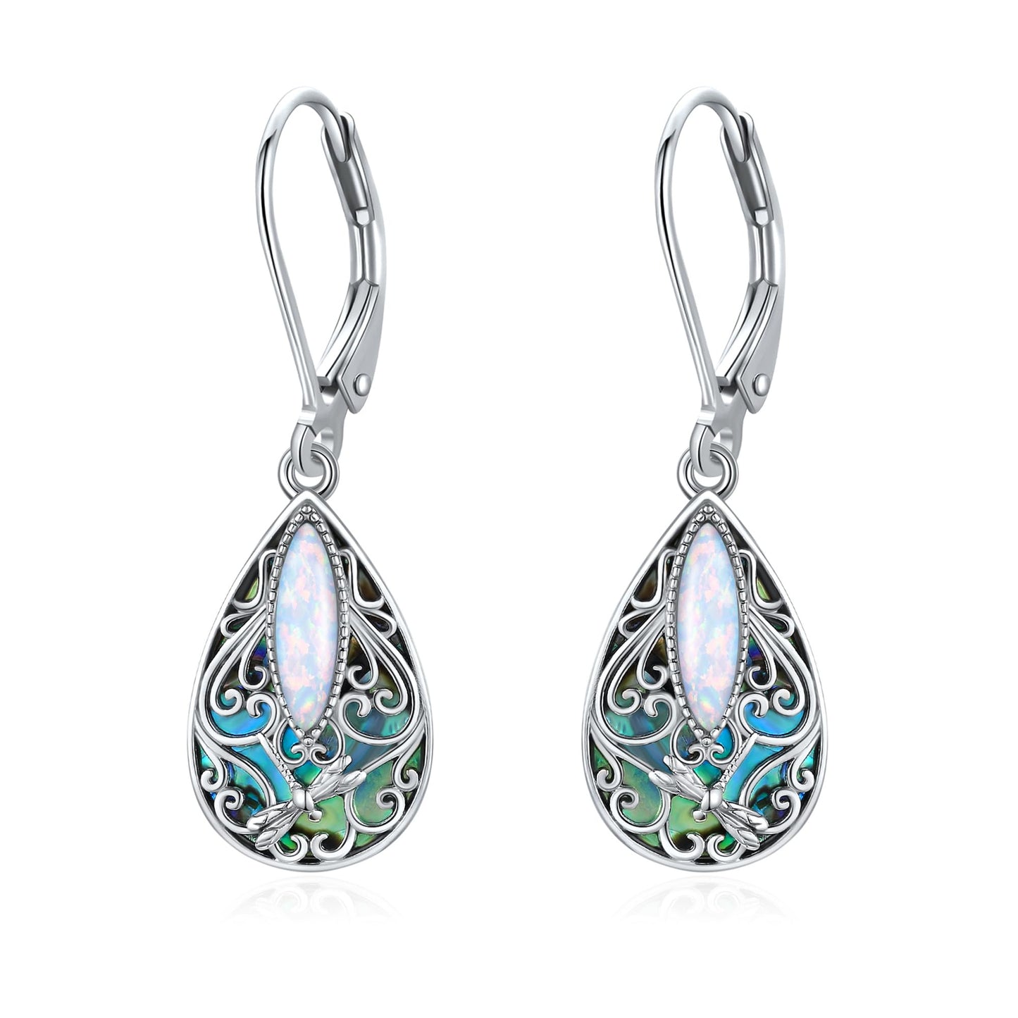 Dragonfly Filigree Earrings Sterling Silver Teardrop Opal Filigree Leverback Earrings Gifts for Women Jewelry
