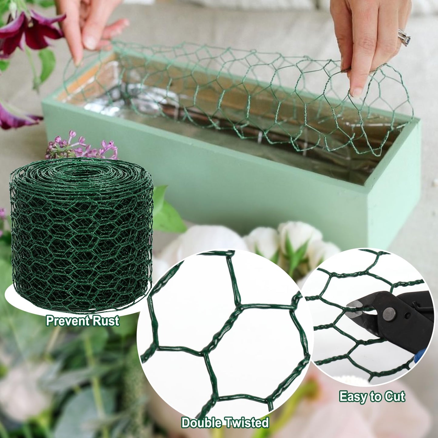 Floral Wire Netting, 4 x 394 Inch Flower Mesh Netting, Chicken Wire for Floral Arrangement, Galvanized Hexagonal Chicken Wire Fence with Plier Gloves, Protect Plant & Decorate Flower Arch, DIY Craft
