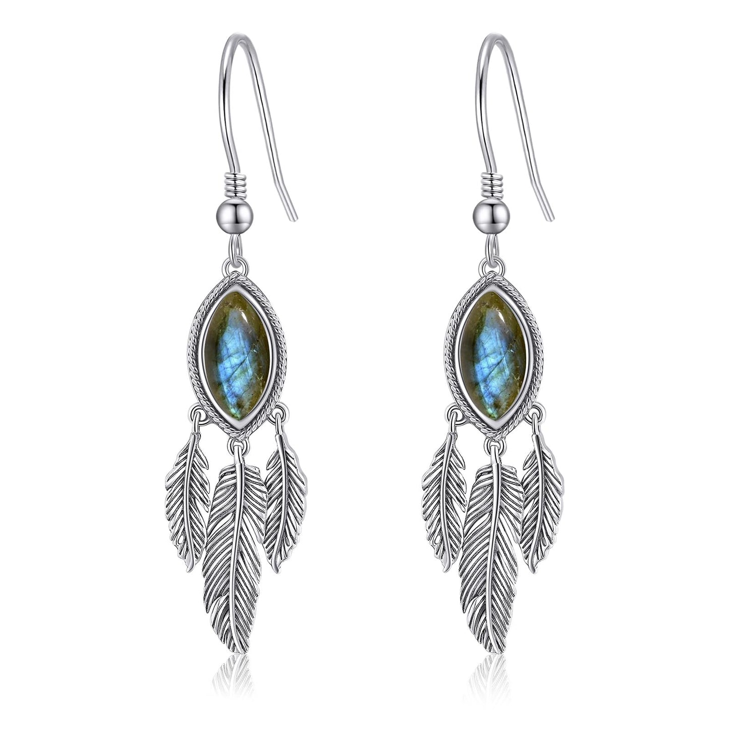 AVECON Labradorite Feather Dangle Earrings for Women 925 Sterling Silver Drop Earring Boho Leaf Statement Earrings Unique Hook Earrings Valentine's Day Vintage Feather Earrings Women's Jewelry