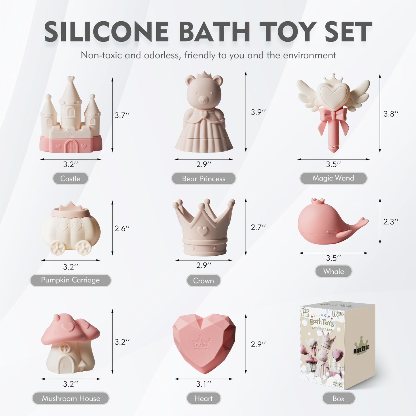 MarcZero Princess Silicone Bath Toys 8Pcs for Toddlers Kids Babies,Bathtub Water Toys,Soft Squeezable Easy-Grip Pool Toys Set (Pink)