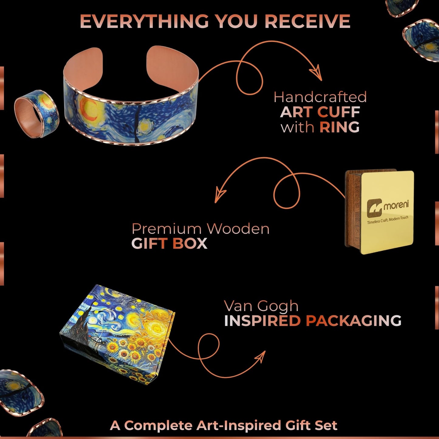 Moreni Copper Bracelet for Women with Wooden Gift Box – Art-Inspired Elegant & Timeless Handmade Jewelry Gift (Starry Night – Bracelet with Ring)