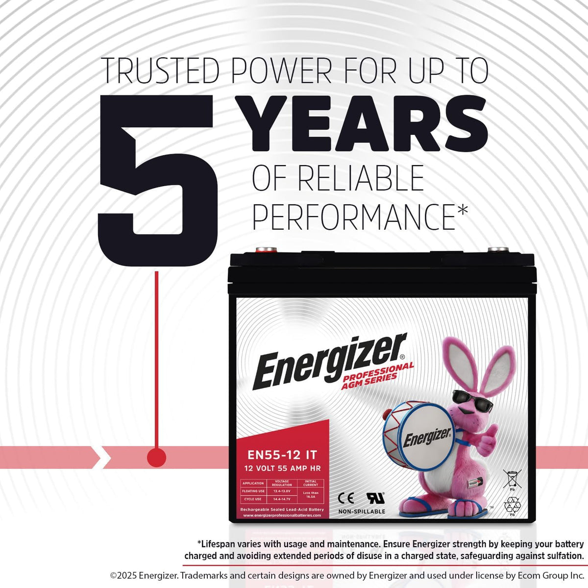 Energizer EN55-12IT, 12 Volt 55 Amp Hr, Long Lasting Sealed Lead Acid AGM Rechargeable Battery Ideal for Use in Electric Scooters, Wheelchairs, Emergency Lighting, Backup Power, and More