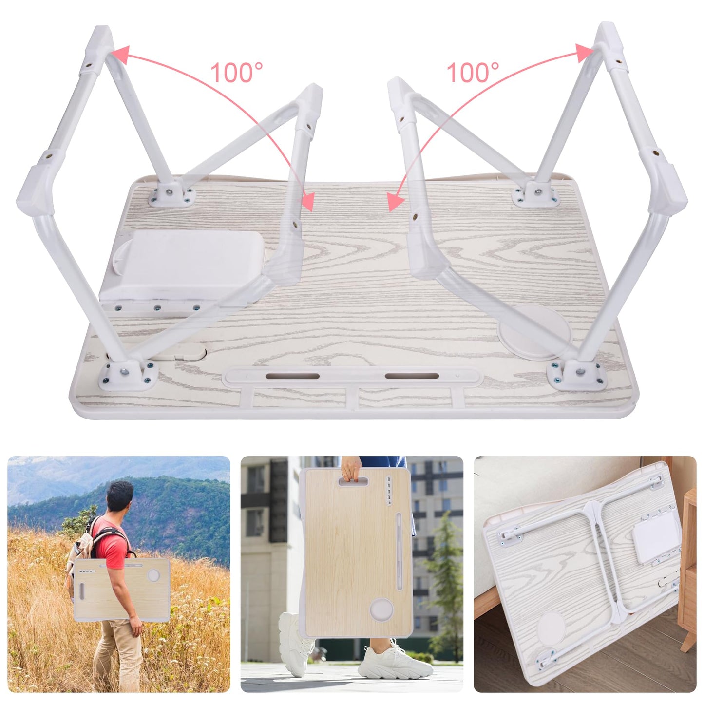 Laptop Bed Table, Laptop Desk for Bed, Foldable Laptop Bed Desk with USB Charge Port, Handle, Desktop Card Slot, Cup Slot, Side Drawer, Laptop Table Portable Notebook Stand for Eating Reading Working