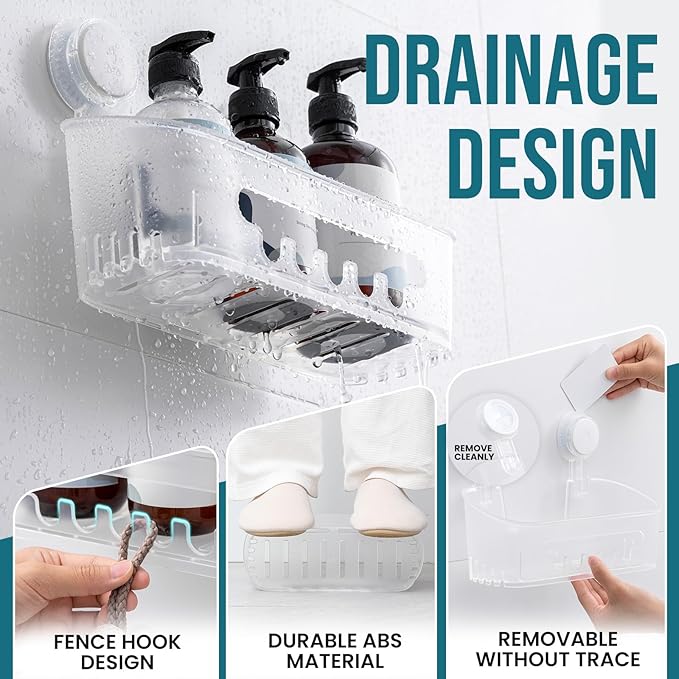 TAILI Shower Caddy Suction Cup, Heavy Duty Bathroom Organizer, Removable Shelves for Inside Shower, Shampoo, Waterproof Suction Plastic Storage for Bathroom Accessories Holder, Frosted Clear