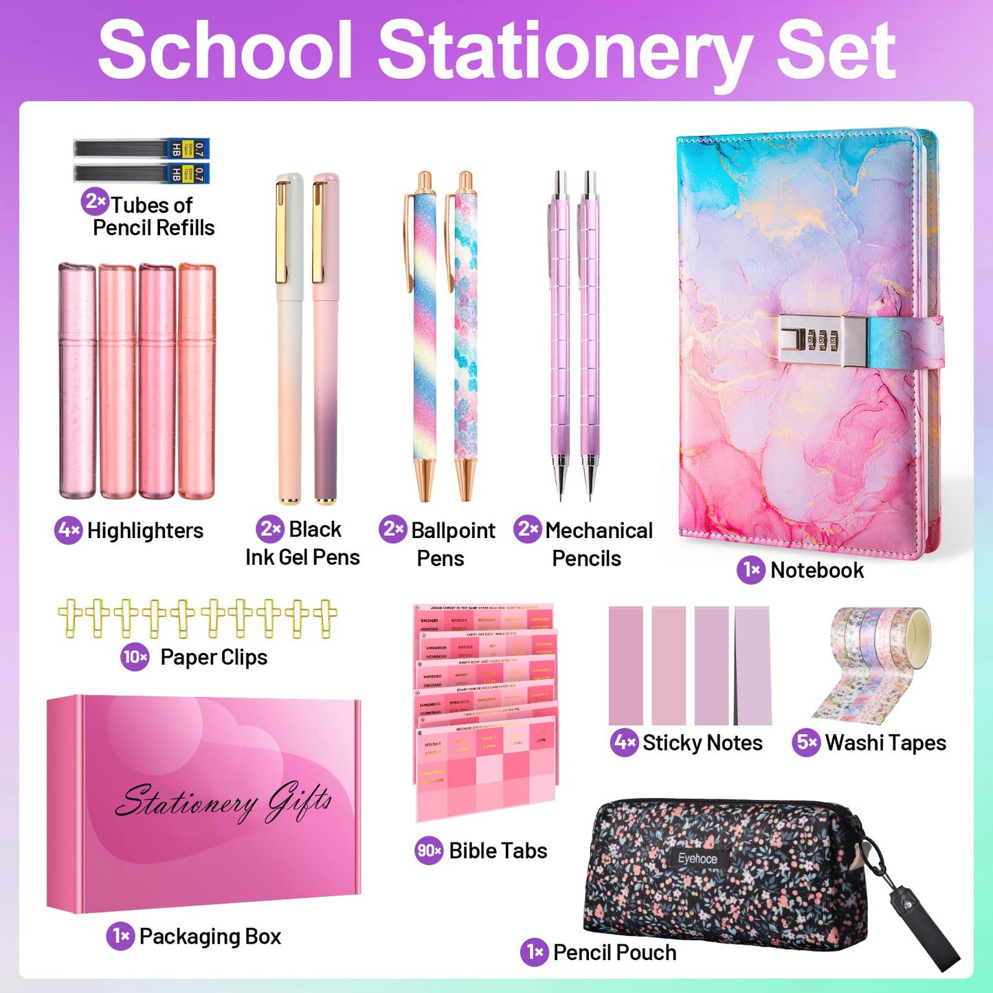 38PCS Cute Stationary Set Bible Journaling Kit with Password Lock Notebook, Pen Case, Mechanical Pencils, Gel Pens, Highlighters, Gift Box & Ballpoint Pens for Study Aesthetic School Supplies