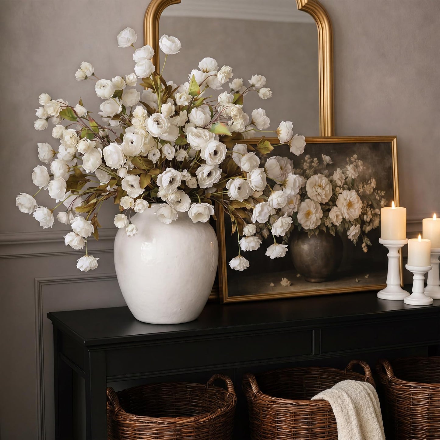Wavyknot 8 Pcs Artificial Peony Flowers Stems, Faux Peony Bouquet with Hop Branches, Silk Flowers for Vase Spring Wedding Table Centerpiece Farmhouse Home Decor(Cream White)
