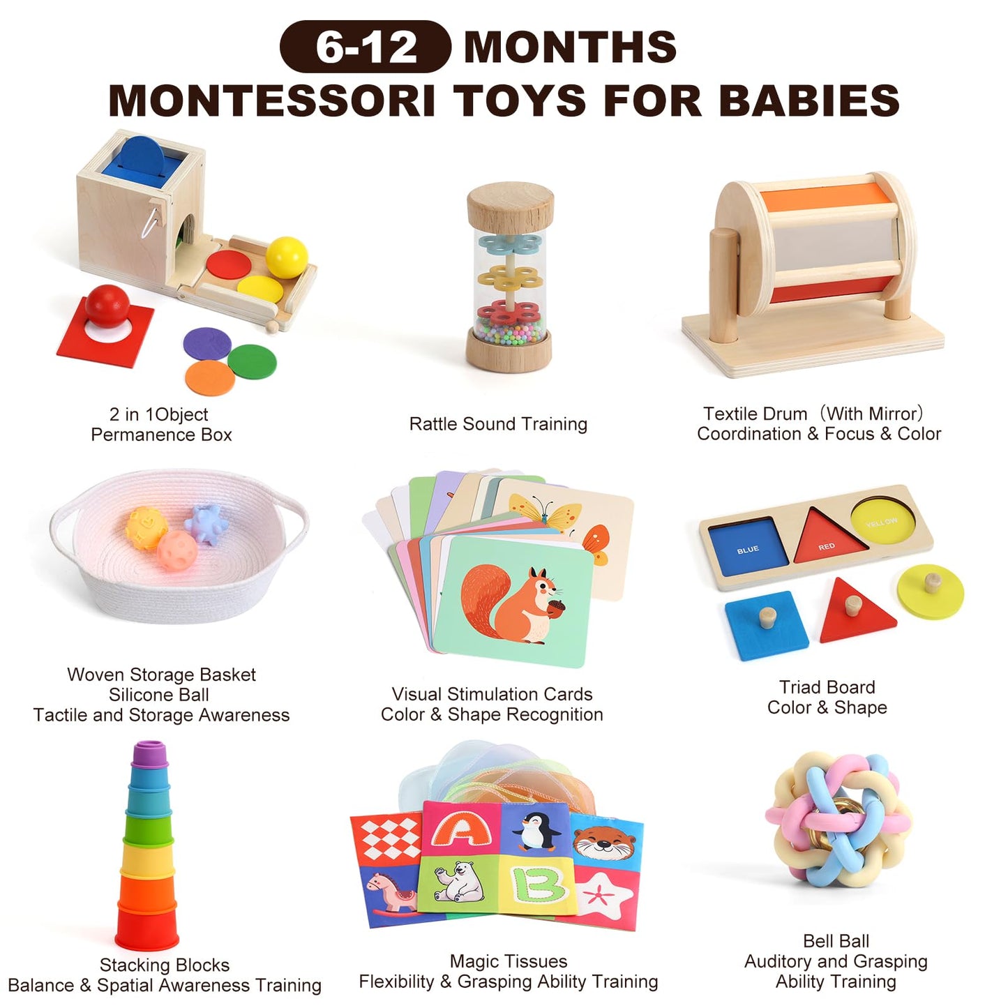 Child-Safe Montessori Educational Sensory Toy Set for Babies and Toddlers 6-12 Months - Must-Have for Early Development - 10 in 1 Wooden Learning Toy kit with Object Permanence Box, Stacking Cups etc