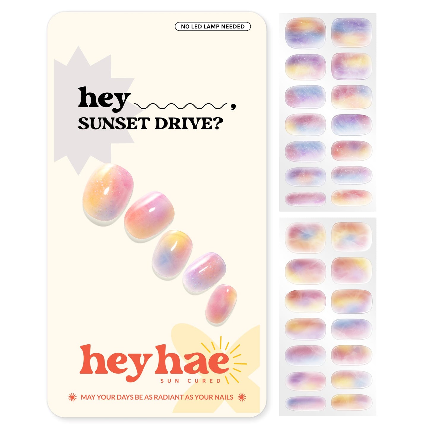 Heyhae Semi Cured Gel Nail Strips | No LED Lamp Needed | Marble, Pink, Spring | Easy Apply & Remove, Salon Quality | Includes 28 Strips, 1 Prep Pads, Nail File & Wooden Stick - Hey, Sunset Drive?