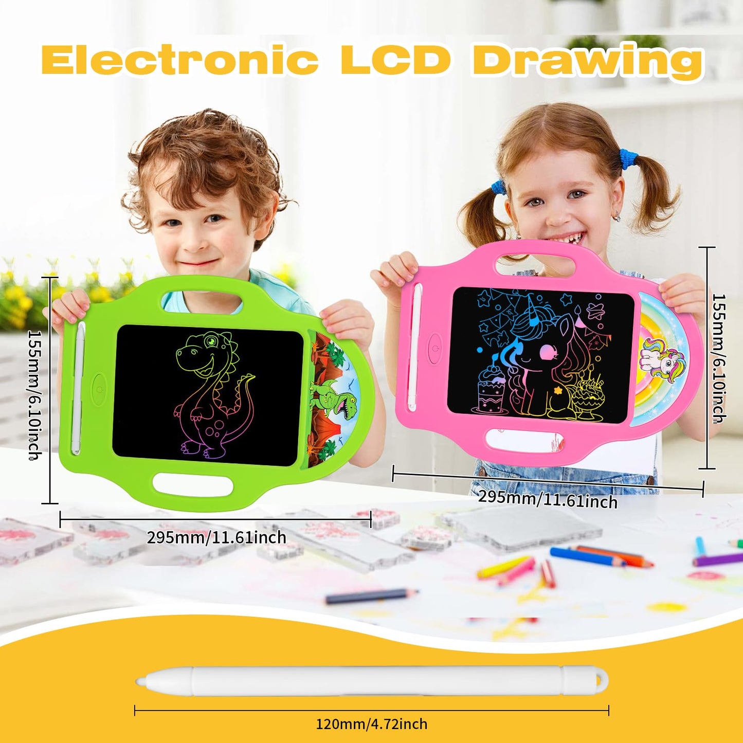 2 Pack 8.5 Inch LCD Writing Tablet for Kids 2-6, Dinosaur & Unicorn Doodle Board with Handle, Travel Car Toy for Twins Siblings, Educational Gift for Boys Girls