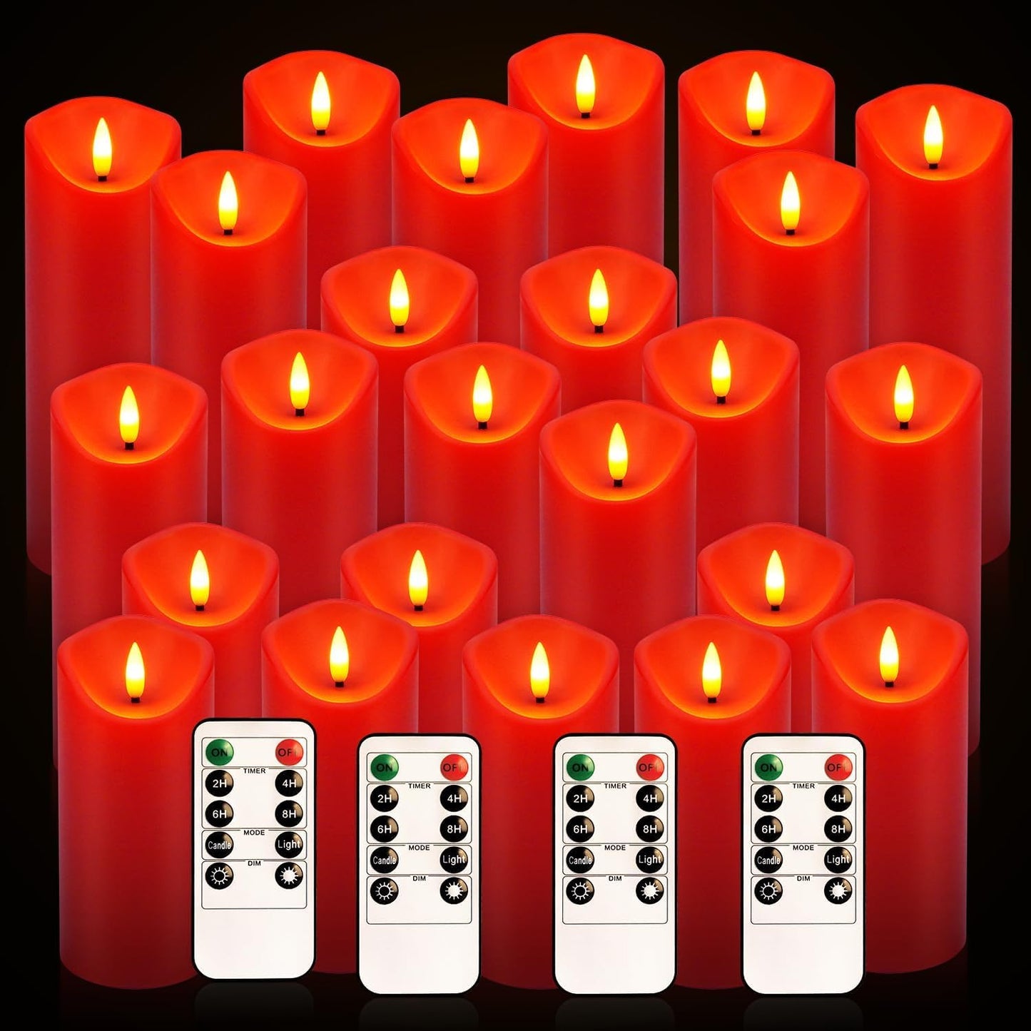 CAKETYCG 24-Pack Red Flameless LED Candles with Remote - Realistic Flickering Battery - Operated Pillar Candles forValentine's Day, Home Decor, Weddings, Parties.
