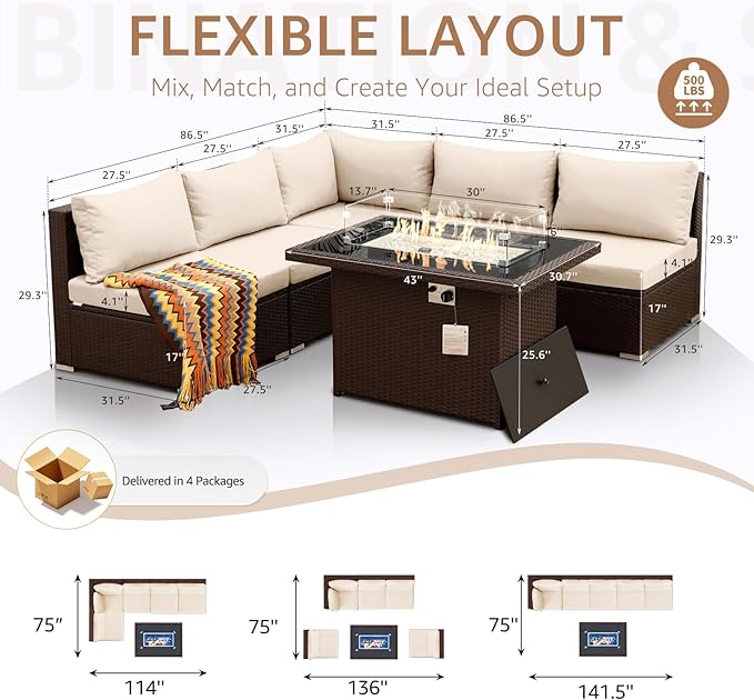 NICESOUL 6 Piece Patio Furniture Set with Firepit, 29.3'' High-Back Outdoor Sectional with Fireplace Natural Gas Propane Convertible, Comfy Deep Wide Seating Conversations for Outside, Brown