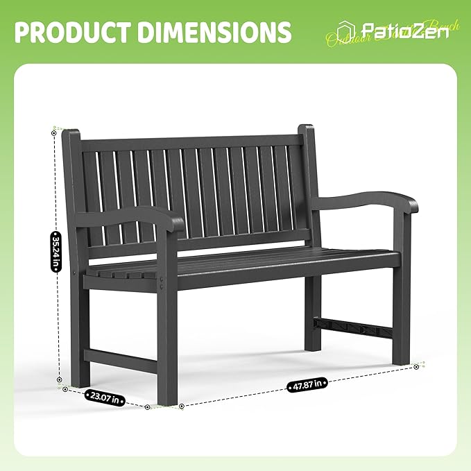 Outdoor Bench, Waterproof & Weatherproof Garden Bench with Ergonomic Design, 2-Person Resin Bench for Porch, Deck, Patio, Outdoor, Garden & Park(Black)
