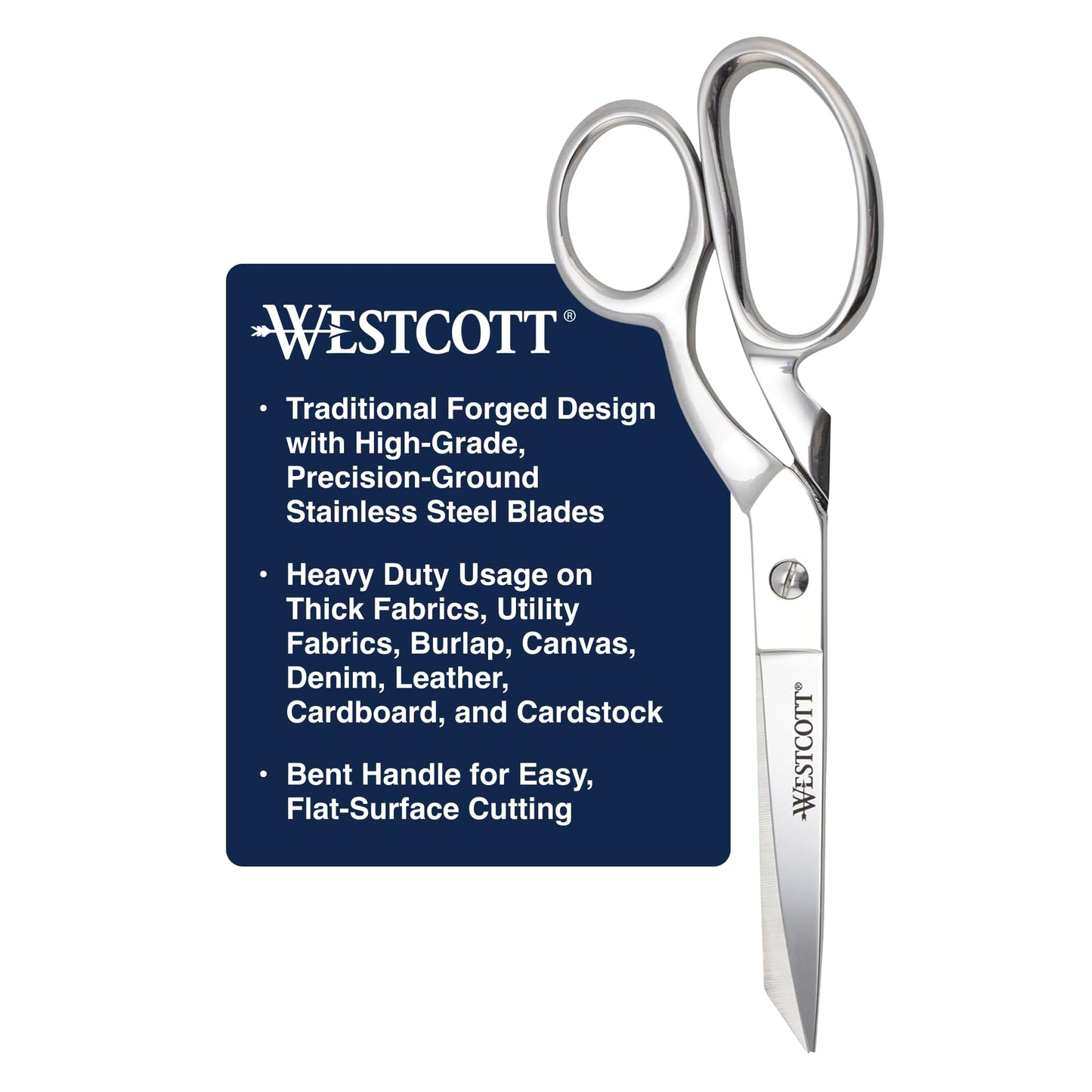 Westcott 8-Inch Forged Heavy Duty Bent Fabric Scissors, Precision-Ground Knife-Edge Blades for Seamless Cutting, Perfect for Sewing, Crafts, and Office
