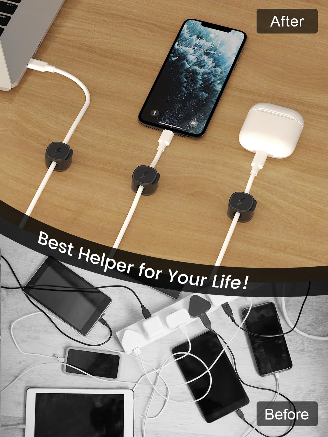 Magnetic Cable Organizer Clips, [1s Lock] 6-Pack Adjustable Cord Holders for Nightstand, Desk, Charging Cable, Tangle-Free Adhesive Wire Management for Under Desk | Smooth Adjustable | Strong Magnet