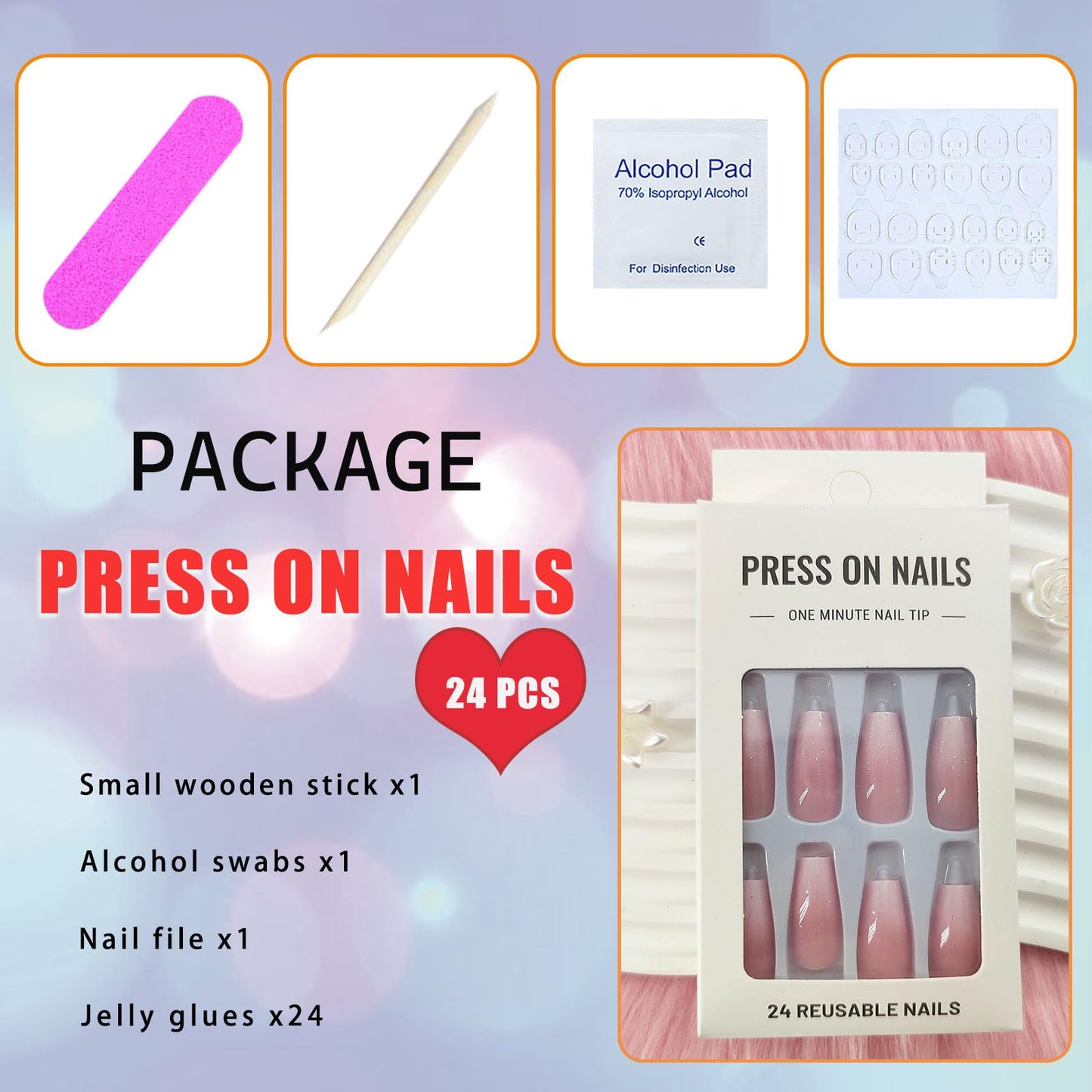 Pink Press on Nails Medium Coffin Fake Nails Press ons with Gradient Designs Simle Glue on Nails Medium Length Acrylic False Nails Full Cover Stick on Nails for Women 24 Pcs