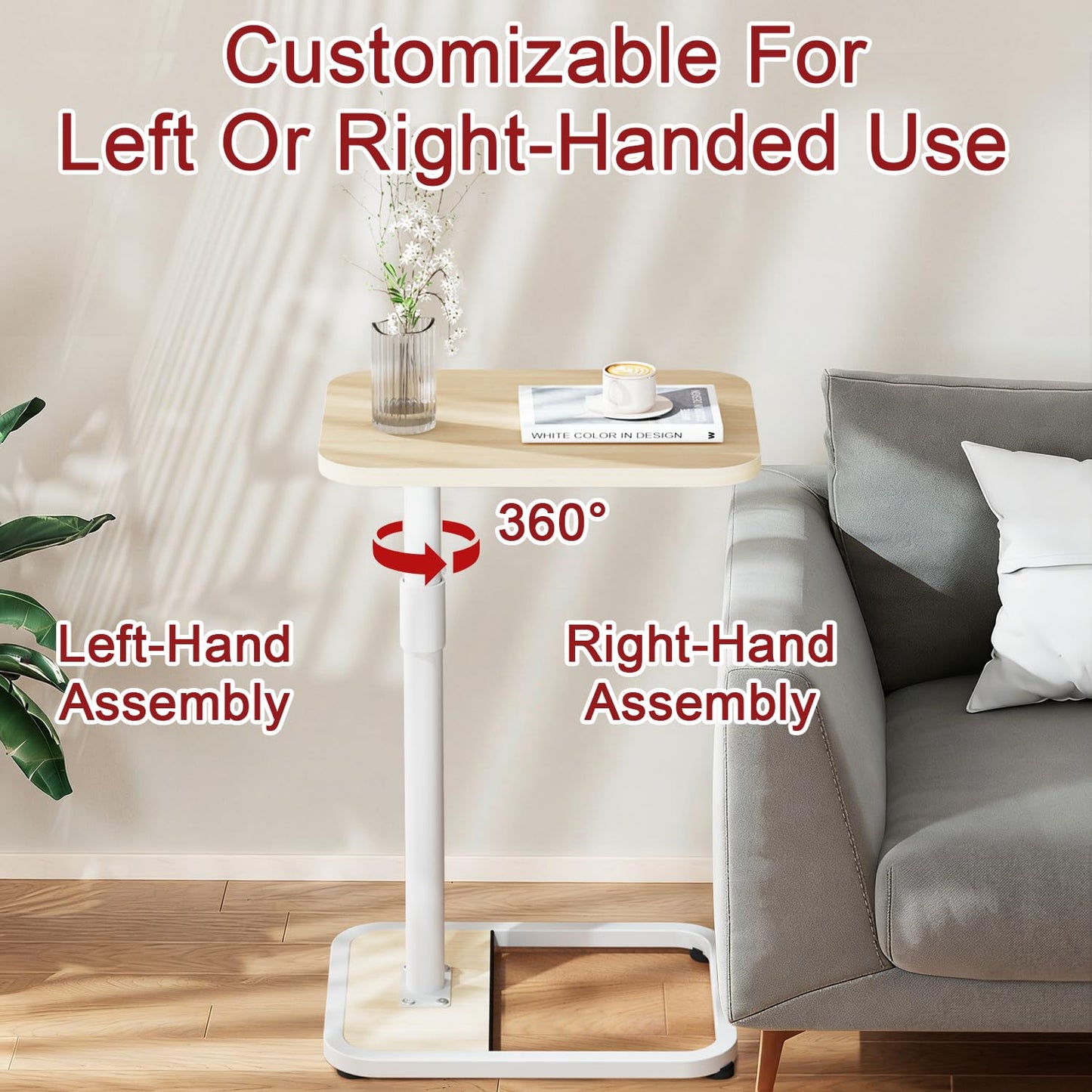GOYLSER C Shaped End Table for Couch, Height Adjustable Rotatable Couch Tray Tables Sofa Table Tv Trays for Bedroom, Natural Wooden Swivel Side Table for Small Spaces
