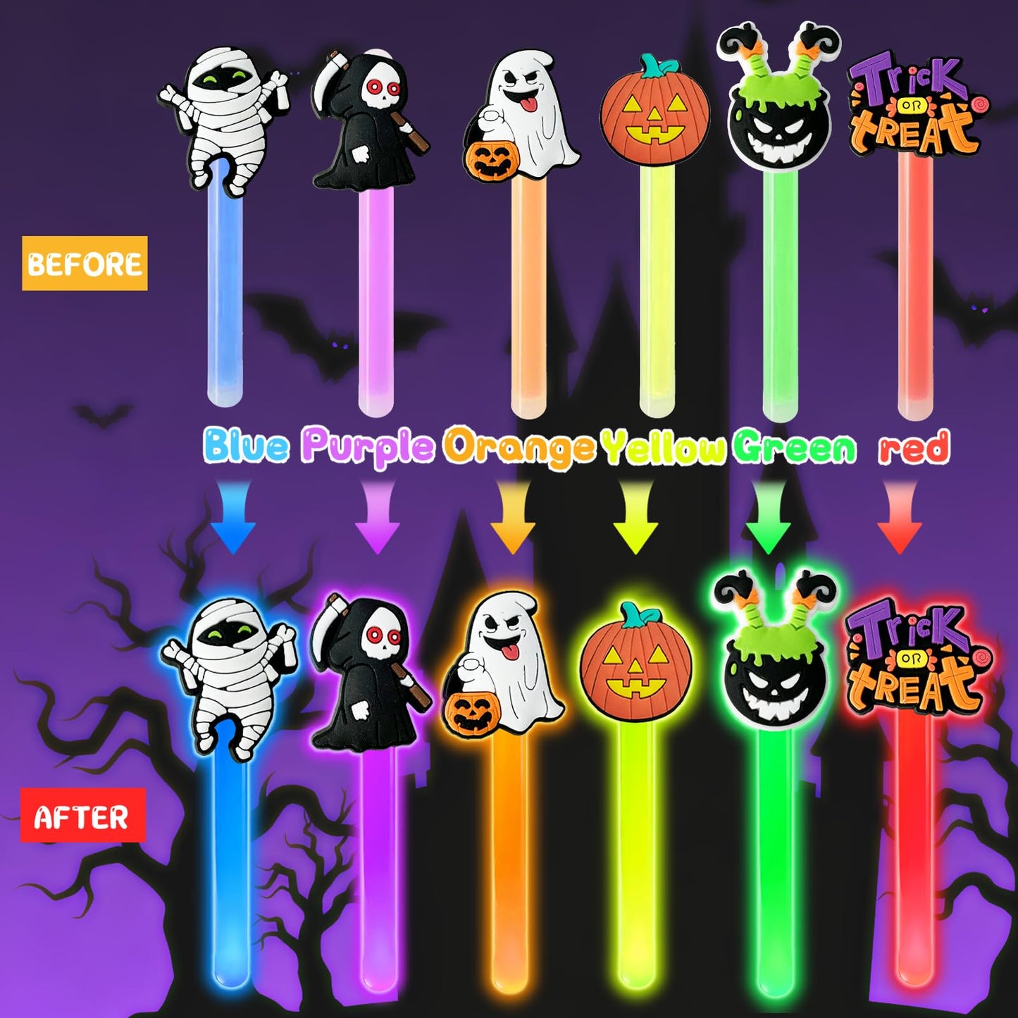 Ertyjikg 24 Pack Halloween Glow Sticks with Cards Halloween Glow Bright Night Gift Pumpkin Ghost Glow Sticks for Hall oween Night Prize Supplies (Multicolor)