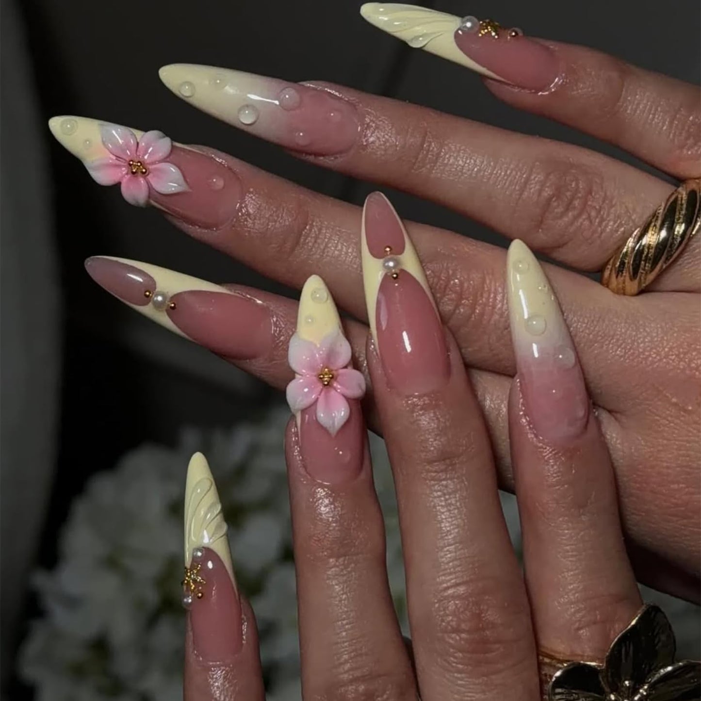 IMRAIN Almond Press on Nails, Long Fake Nails, 3D Water Drop Pink Floral Pearl Design, 24 Pcs Reusable Glue on Nails for Women, Salon Quality