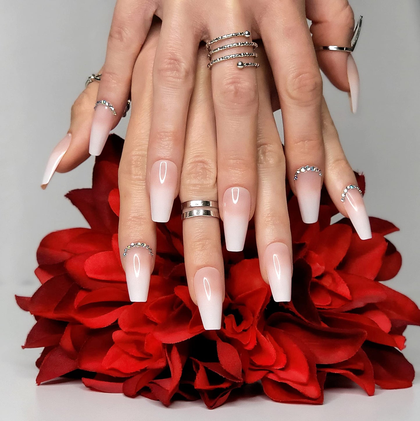 Hypnaughty 24 Pcs Rhinestone Luxury Coffin Press on Nails with Design and Glue Long Fake Nails Nude and White Ombre with Rhinestones Glossy Glue On False Nails (Rhinestone)