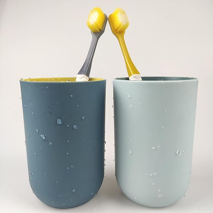 Unbreakable Reusable Drinking Cups Set of 2 Colors, Plastic Toothbrush Cup Tumblers 300 ml/10.5 oz, Dishwasher Safe (Light blue & Navy blue)