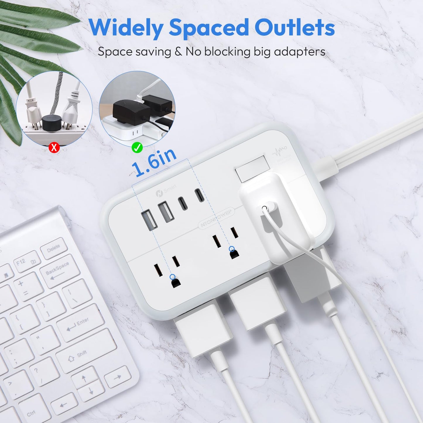 Extension Cord 15 ft, Power Strip with 6 Outlets 4 USB Charger(2 USB C Port), Flat Plug Outlet Extender Long Cord, Protection for Indoor, Home, Office Supplies, Dorm Room Essentials